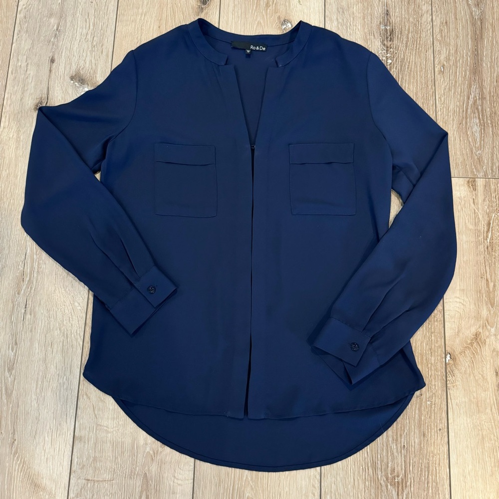Ro & De Midnight Blue Women's Blouse Long Sleeve Top Work Office Fall Top XS